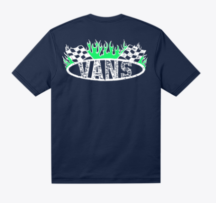 T-Shirt RACING FLAMES - Vans bleu marine en coton, logo drapeaux à damier et flammes vertes, vue de dos.