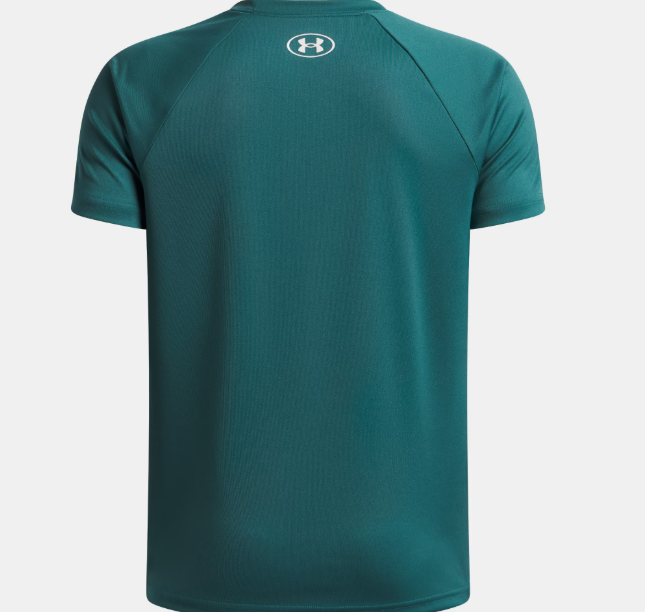 T-Shirt UA Tech™ Split Wordmark - Under Armour bleu vert en polyester, manches courtes, vue de dos.