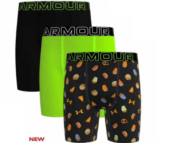 Lot de 3 Paires de boxers - Under Armour (Copie) pour homme, noir uni, vert fluo, et noir à motifs alimentaires colorés, vue de face.