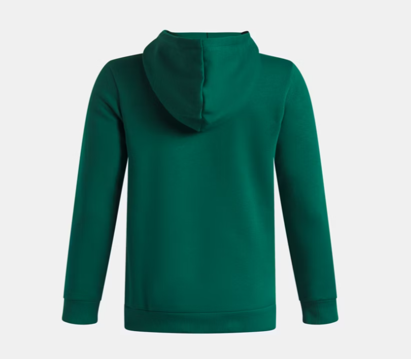 Hoodie UA Rival Fleece FB Graphic - Under Armour, sweat à capuche vert foncé en molleton, vue de dos, style décontracté unisexe.