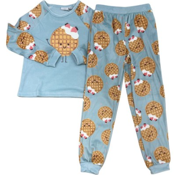 Pyjama - M.I.D bleu pour enfant avec haut à manches longues et pantalon assorti ornés de biscuits de Noël présenté à plat