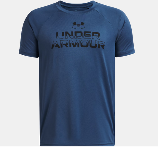 T-Shirt UA Tech™ Split Wordmark - Under Armour bleu marine en polyester avec logo noir, coupe droite, vue de face.