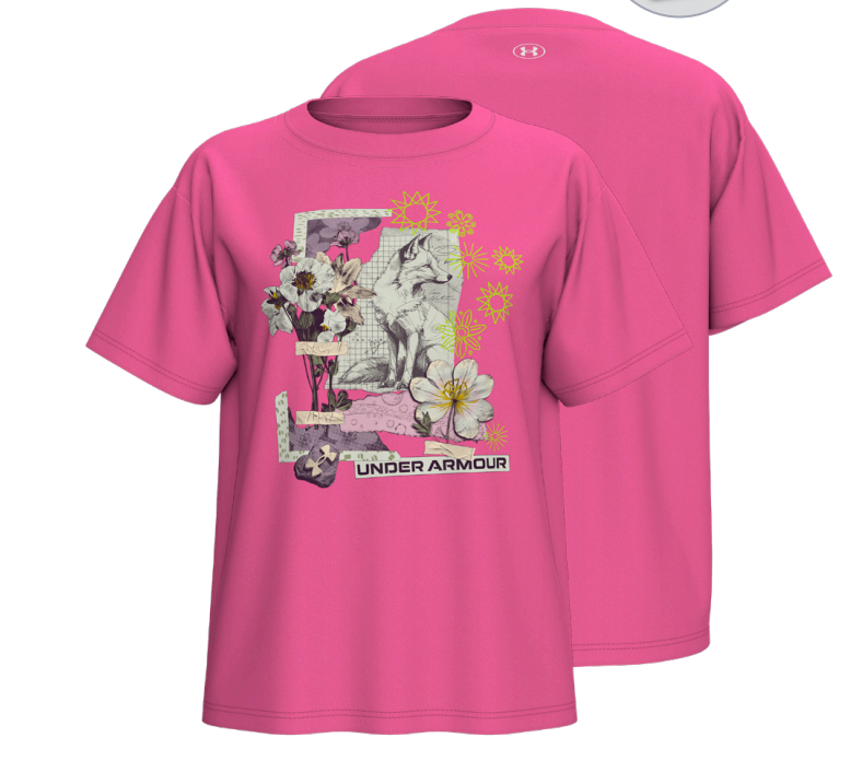T-Shirt - Under Armour rose vif en coton, motif graphique floral et chat blanc avec détails jaunes, vue de face et dos, pour enfant.