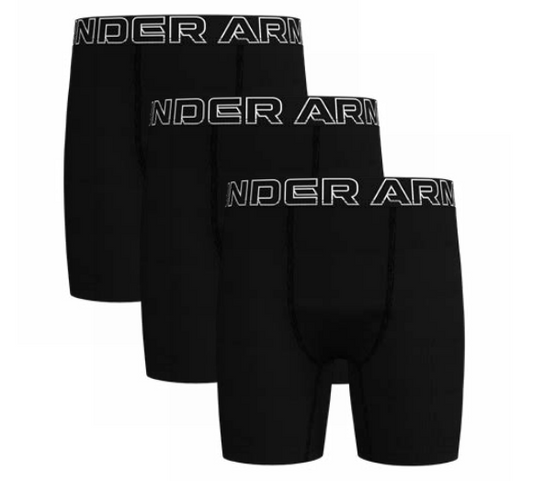 3 Paires de boxers - Under Armour noirs en tissu stretch, coupe ajustée, ceinture élastique avec logo, vue de face.