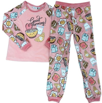 Pyjama - M.I.D rose pour enfant avec motifs de goûters et aliments colorés, haut à manches longues et pantalon assorti, vue de face