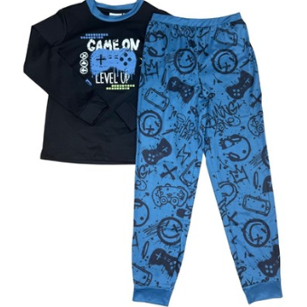 Pyjama - M.I.D pour garçon avec haut bleu marine à motif graphique et pantalon bleu à motifs imprimés vue de face