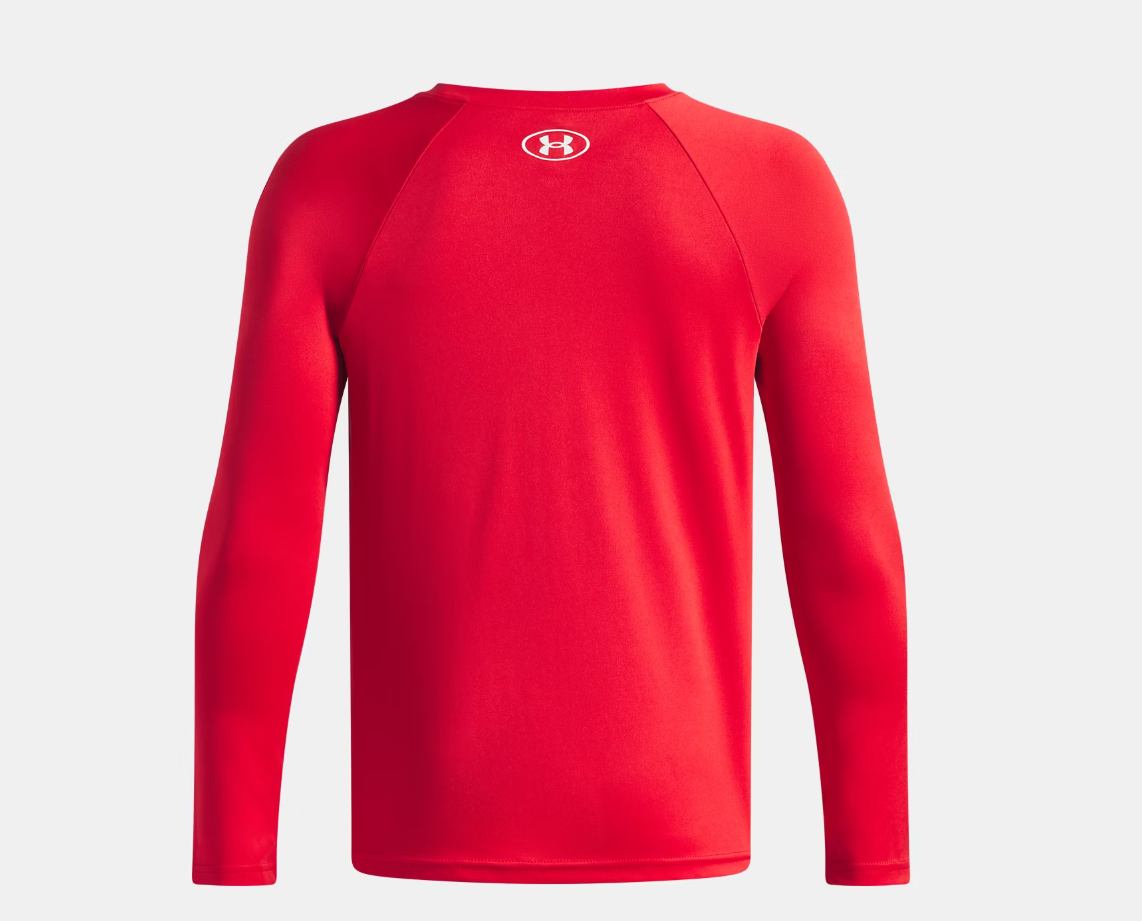 Chandail UA Tech™ Hybrid Print - Under Armour rouge uni à manches longues, en tissu technique respirant, vue de dos.