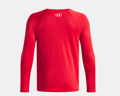 Chandail UA Tech™ Hybrid Print - Under Armour rouge uni à manches longues, en tissu technique respirant, vue de dos.