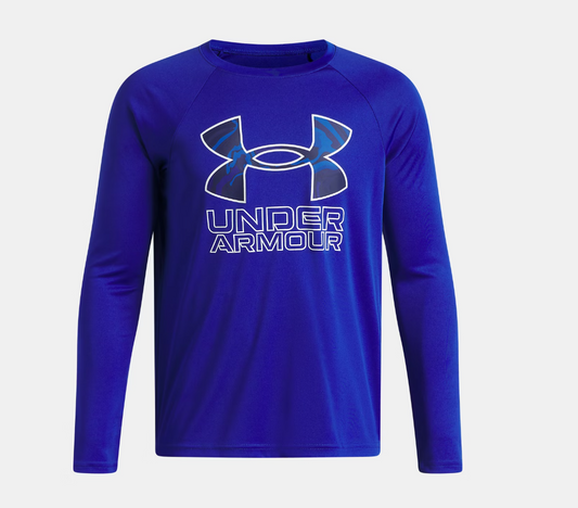 Chandail UA Tech™ Hybrid Print - Under Armour bleu électrique à manches longues avec logo stylisé en bleu et blanc, vue de face.