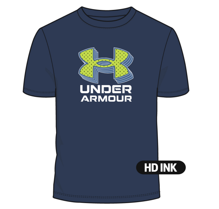 T-Shirt - Under Armour bleu marine avec logo vert et blanc, style sport unisexe, vue de face, tissu coton.