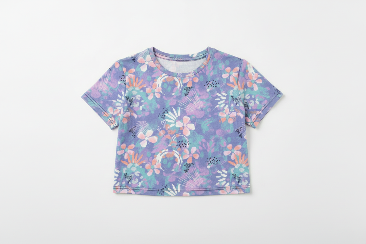 T-Shirt Crop top- M.I.D à manches courtes avec imprimé floral violet et touches roses, polyester et élasthane, vue de face.