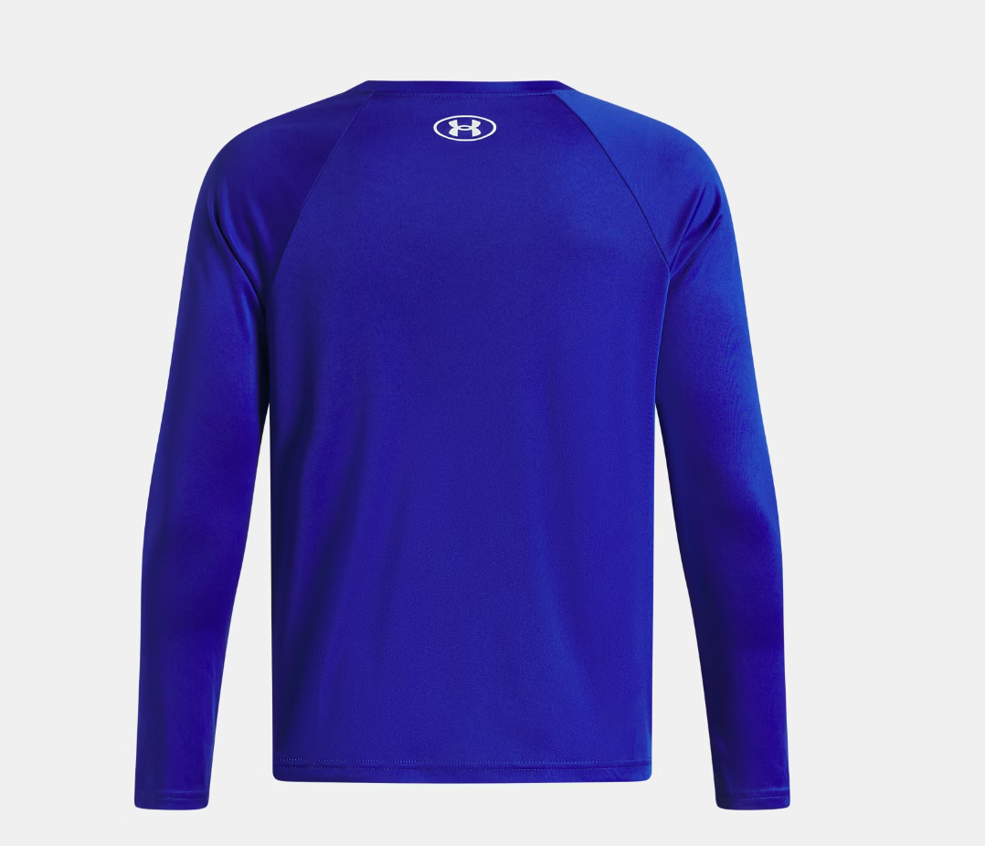Chandail UA Tech™ Hybrid Print - Under Armour bleu royal à manches longues, en tissu technique léger, vue de dos.