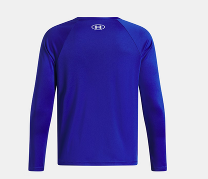 Chandail UA Tech™ Hybrid Print - Under Armour bleu royal à manches longues, en tissu technique léger, vue de dos.
