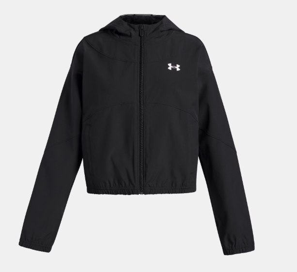 Coupe vent UA Rival tissée - Under Armour noir à capuche, tissu léger et extensible, vue de face sur fond blanc.