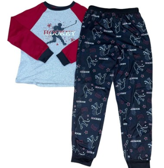 Pyjama - M.I.D pour enfant à manches longues gris et rouge avec motif losanges et pantalon bleu marine à motifs hockey présenté à plat