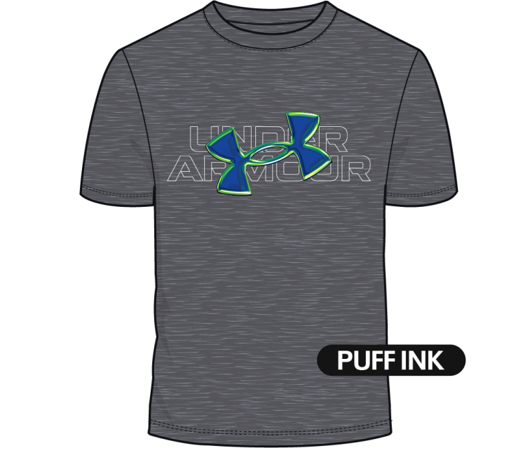 T-Shirt - Under Armour gris chiné avec logo bleu et vert en impression puff ink, style classique, vue de face.