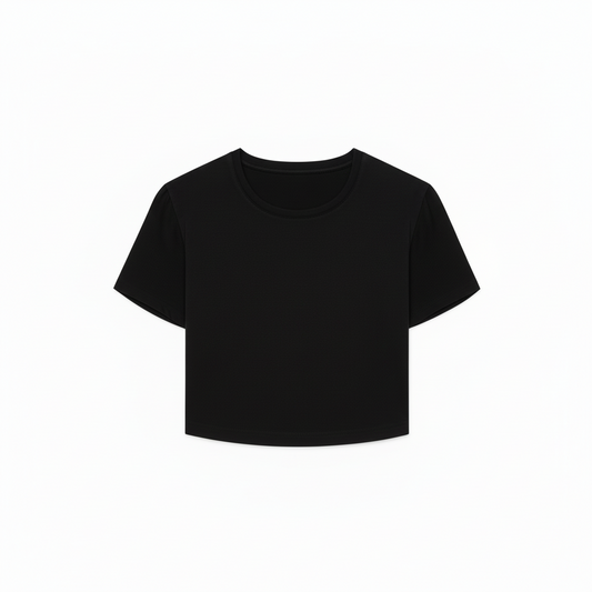 T-Shirt Crop top - M.I.D noir en polyester et élasthane, style court, col rond, vue de face sur mannequin enfant.