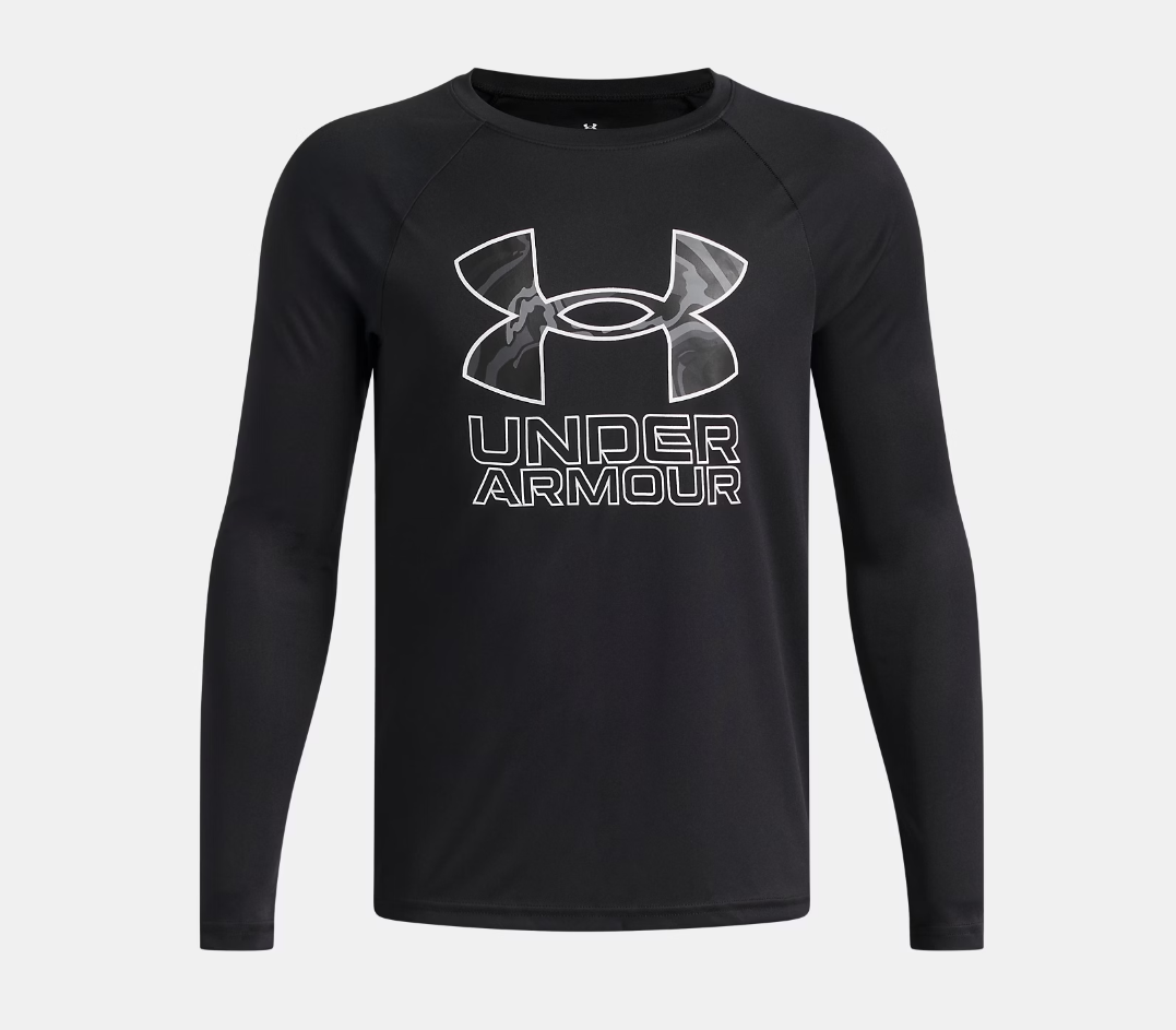 Chandail UA Tech™ Hybrid Print - Under Armour, manches longues noir avec logo camouflage gris clair, pour enfant, vue de face.