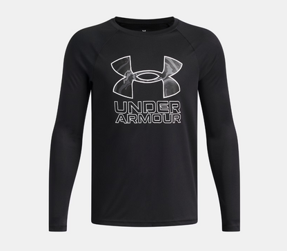 Chandail UA Tech™ Hybrid Print - Under Armour, manches longues noir avec logo camouflage gris clair, pour enfant, vue de face.
