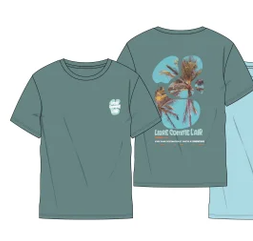 T-Shirt - Northcoast vert bleu en coton, motif palmier orange et texte blanc, pour homme, vue avant et arrière.