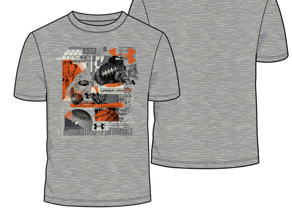 T-Shirt - Under Armour gris chiné à manches courtes avec imprimé sportif orange et noir, pour enfant, vue de face et dos.