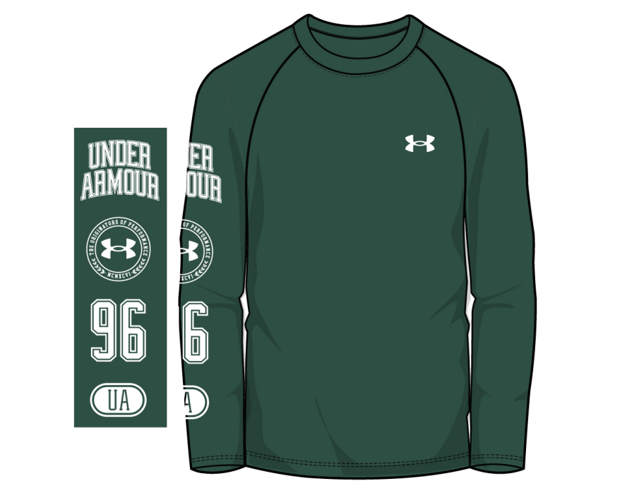 Chandail - Under Armour vert foncé en tissu technique à manches longues avec logo blanc sur la poitrine et motifs blancs sur la manche, vue de face.