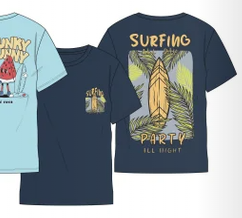 T-Shirt - Northcoast bleu marine en coton avec motif surf et planche, style décontracté, vue de dos sur mannequin garçon.