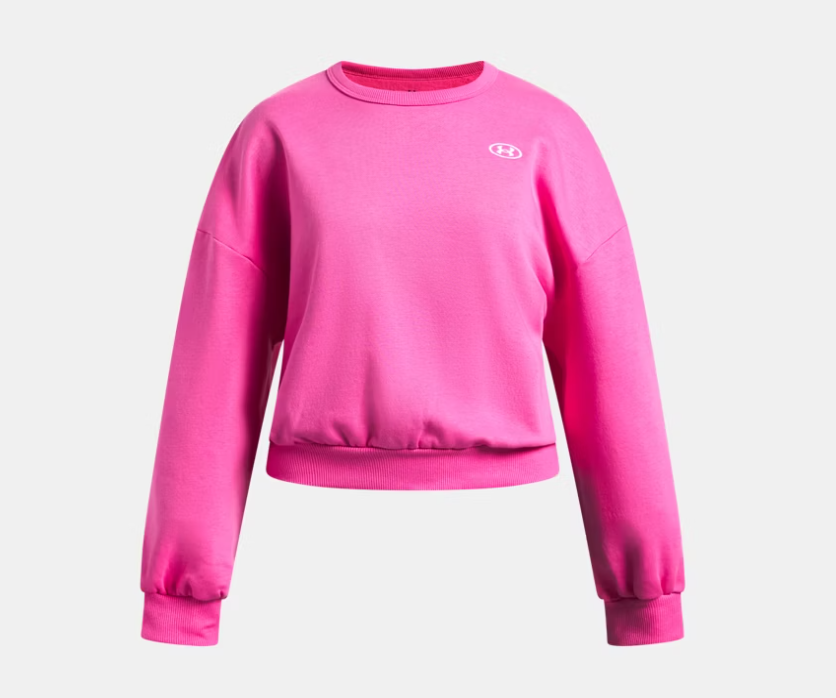 Chandail UA Rival Fleece - Under Armour rose vif en molleton, style décontracté à manches longues, vue de face.