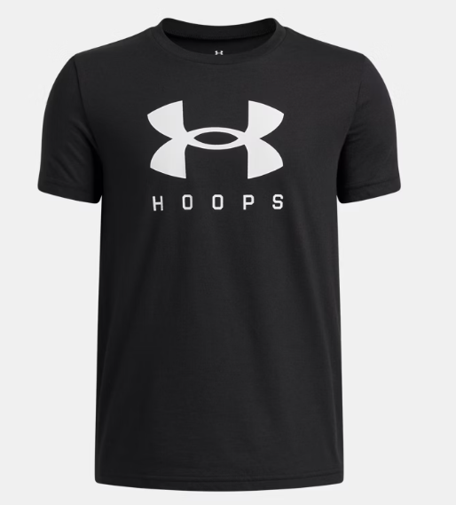 T-Shirt UA Hoops - Under Armour noir avec logo blanc, 60% coton 40% polyester, pour enfant, vue de face porté