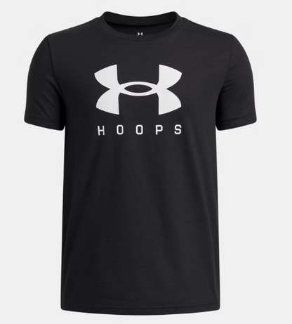 T-Shirt UA Hoops - Under Armour noir avec logo blanc, 60% coton 40% polyester, pour enfant, vue de face porté