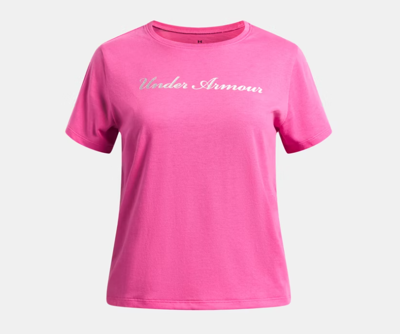 T-Shirt - Under Armour rose en coton avec logo blanc imprimé, coupe classique pour femme, vue de face.