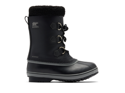 Bottes d'hiver - Sorel Yoot Pac noires avec tige imperméable en cuir synthétique et doublure en fourrure, vue de profil droit.