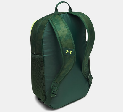 Sac à dos UA Hustle Sport 6.0 - Under Armour vert camouflage avec bretelles rembourrées et dos matelassé, vue de dos.