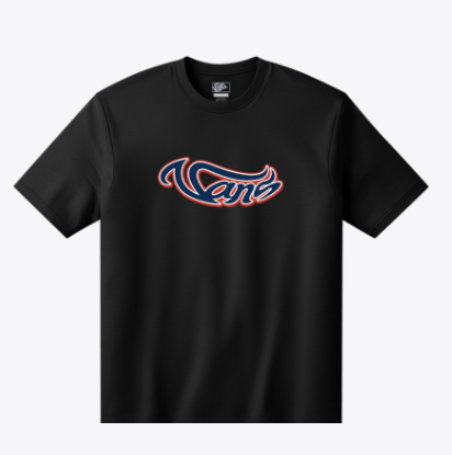 T-Shirt B WAVY SCRIPT - Vans noir avec logo ondulé bleu et rouge, coton, vue de face, coupe adulte unisexe.