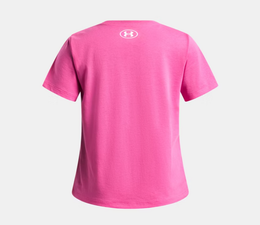 T-Shirt - Under Armour rose vif en coton, manches courtes, vue de dos avec logo blanc imprimé en haut.