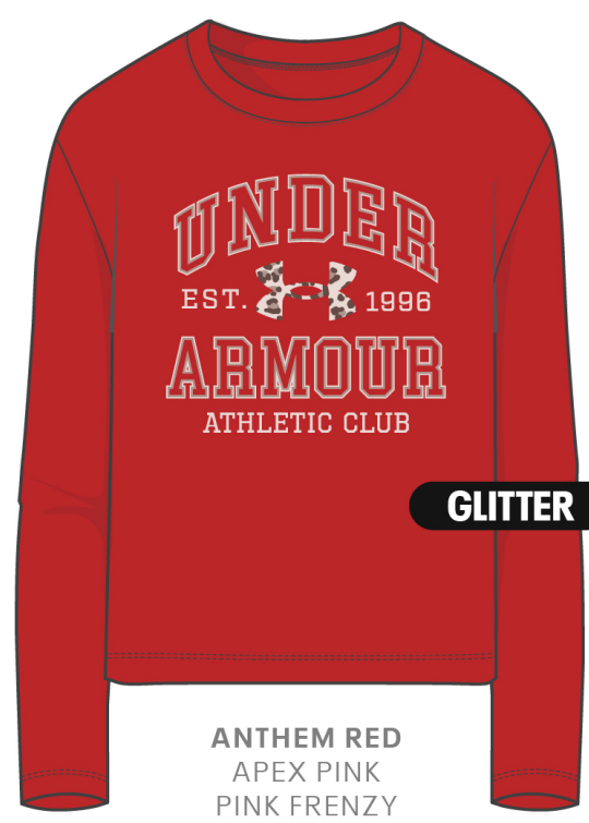 Chandail - Under Armour rouge à manches longues avec logo paillettes léopard et texte blanc, vue de face, style sportif pour enfant.