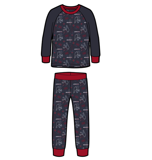 Pyjama - M.I.D gris foncé à motifs spatiaux rouges et blancs avec bordures rouges pour enfant vue de face