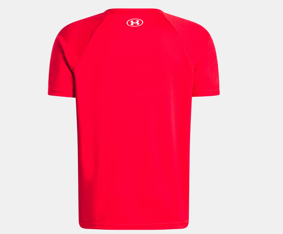 T-Shirt UA Tech™ Hybrid Print - Under Armour rouge en tissu technique, vue de dos, coupe moderne et manches courtes pour homme adulte.