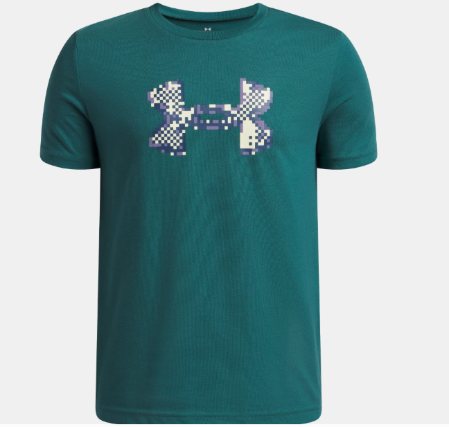 T-Shirt UA Pixel Logo - Under Armour vert émeraude avec logo pixel blanc et violet, coupe classique, vue de face.