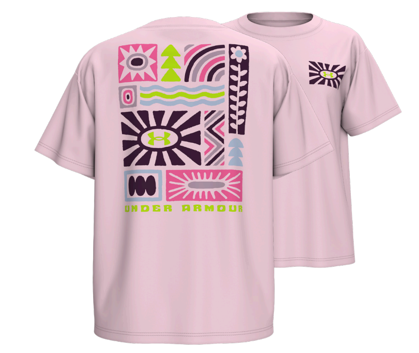 T-Shirt - Under Armour rose clair avec motifs géométriques multicolores au dos et petit logo sur la poitrine, vue de face et dos.
