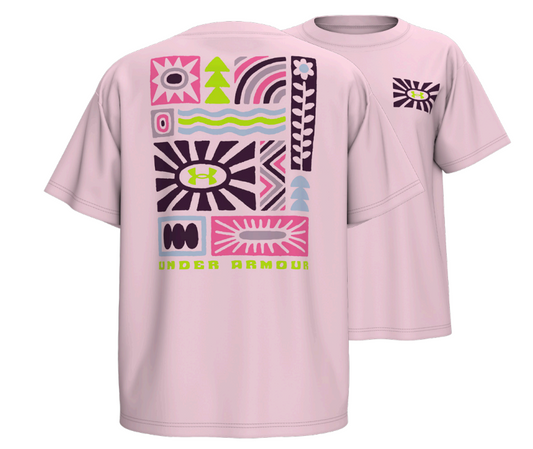 T-Shirt - Under Armour rose clair avec motifs géométriques multicolores au dos et petit logo sur la poitrine, vue de face et dos.
