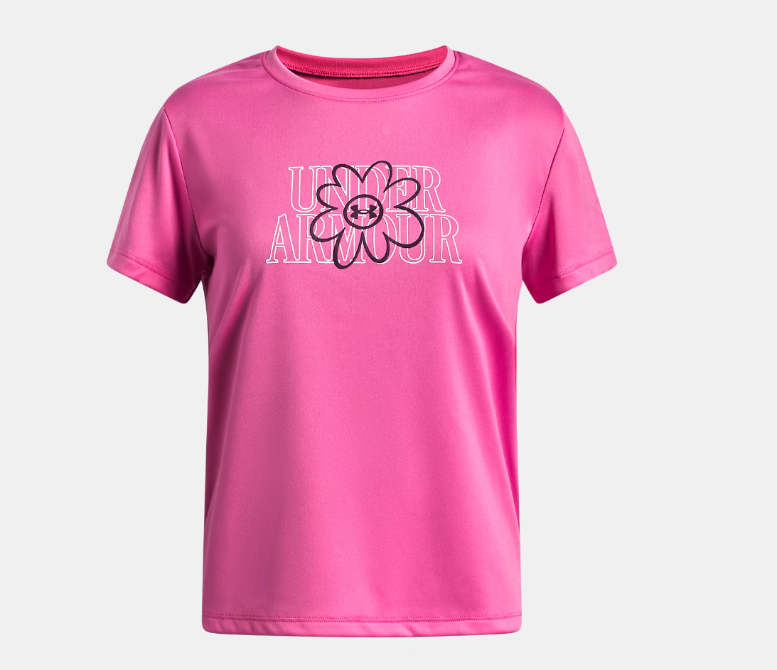 T-Shirt UA Tech™ Flower Graphic - Under Armour rose vif à manches courtes en tissu technique, avec logo et motif fleur noir, vue de face.