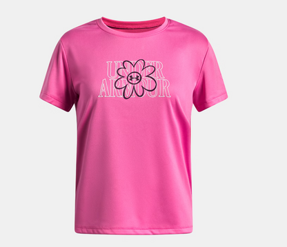 T-Shirt UA Tech™ Flower Graphic - Under Armour rose vif à manches courtes en tissu technique, avec logo et motif fleur noir, vue de face.