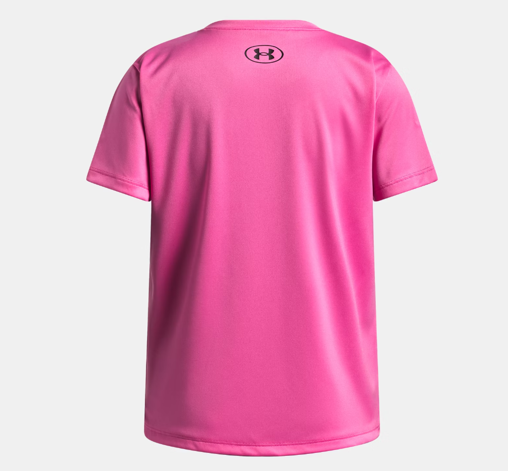 T-Shirt UA Tech™ Flower Graphic - Under Armour rose vif en tissu technique, vue de dos montrant le logo noir sous le col, style sport enfant.