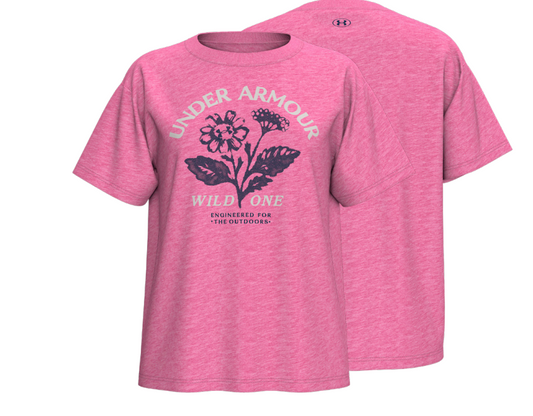 T-Shirt - Under Armour rose à manches courtes en coton mélangé avec motif floral noir et inscription devant, vue de face et dos.