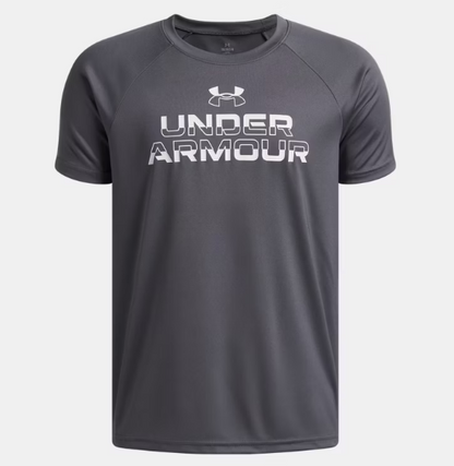 T-Shirt UA Tech™ Split Wordmark - Under Armour gris foncé en polyester, style sport, logo blanc, vue de face adulte homme.
