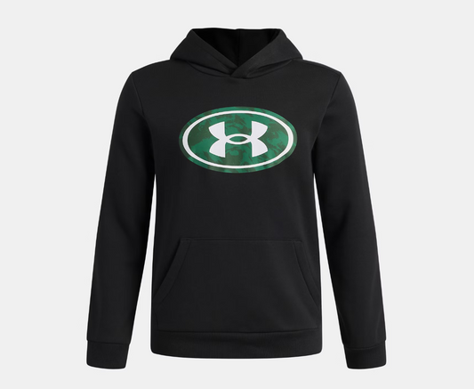 Hoodie UA Rival Fleece Key Print Fill - Under Armour noir avec logo ovale camouflage vert et blanc, en tissu molletonné, vue de face sur mannequin enfant.