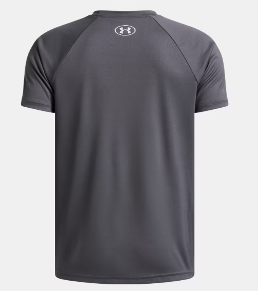 T-Shirt UA Tech™ Split Wordmark - Under Armour gris foncé en polyester, vue de dos sur fond blanc.