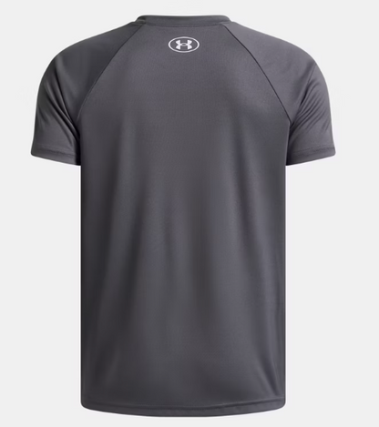 T-Shirt UA Tech™ Split Wordmark - Under Armour gris foncé en polyester, vue de dos sur fond blanc.