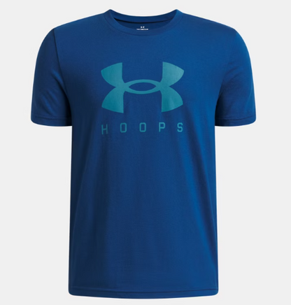 T-Shirt UA Hoops - Under Armour bleu marine avec logo turquoise, style sport, coton polyester, vue de face manches courtes adulte homme.